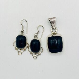 Vintage Taxco Plata Sterling Silver Black Onyx Pendant Earrings Set 925 TS-18